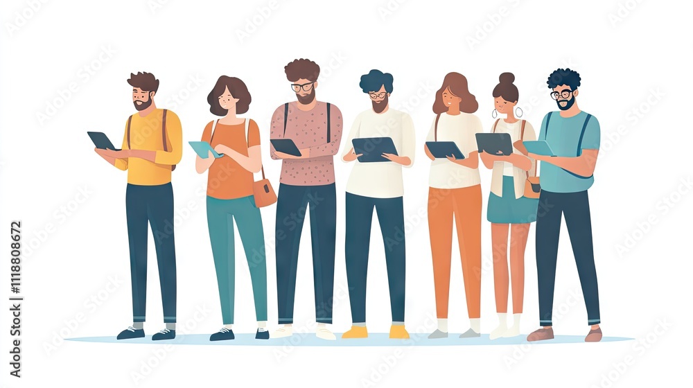 Obraz premium Diverse group of young adults engaged with tablets, displaying a modern and connected lifestyle.