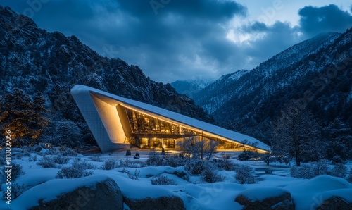 lighted futuristic modern trapeze building located in rocky mountainous area against cloudy evening sky in winter photo