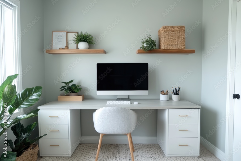 Stylish home office with computer, potted plants, and wooden shelves creating a cozy workspace Stylish home office with computer, potted plants, and wooden shelves creating a cozy workspace