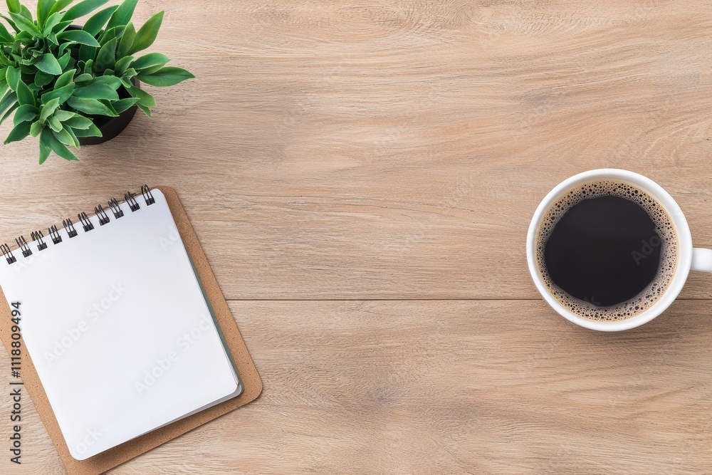 Blank notepad, coffee cup, and plant creating minimalistic workspace on wooden desk Blank notepad, coffee cup, and plant creating minimalistic workspace on wooden desk