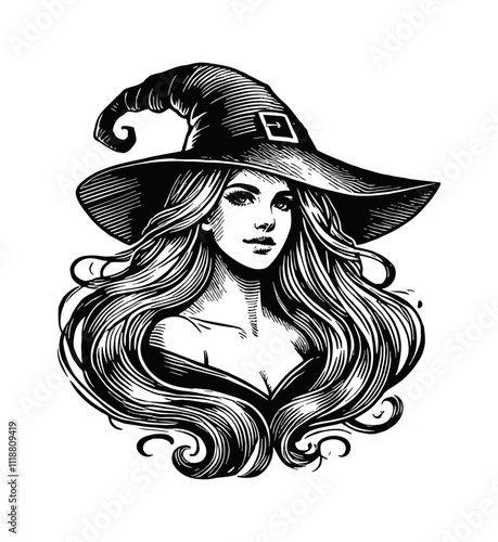 beautiful witch girl engraving black and white outline