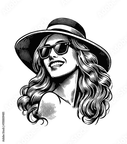 woman wearing a wide-brimmed hat and sunglasses engraving black and white outline
