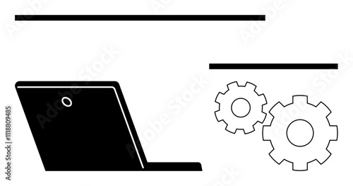 Laptop with two gears representing technology integration and teamwork. Ideal for business operations, workflow management, engineering solutions, tech-based collaboration, productivity tools, IT