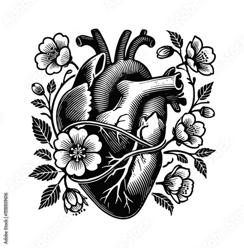 heart flower organ engraving black and white outline