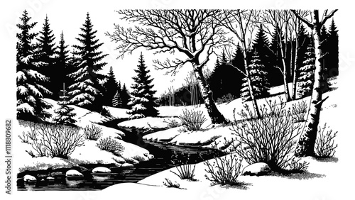 snowy forest and river with evergreen trees engraving black and white outline