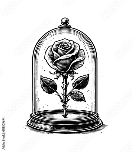 rose encased in a glass dome engraving black and white outline