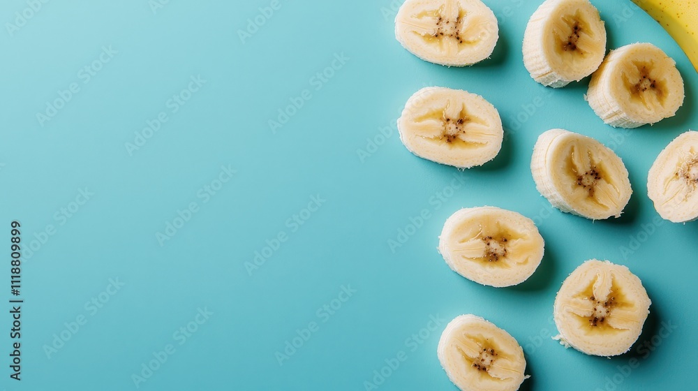 Sliced Fresh Banana on Bright Blue Background with Yellow Peel Sliced Fresh Banana on Bright Blue Background with Yellow Peel