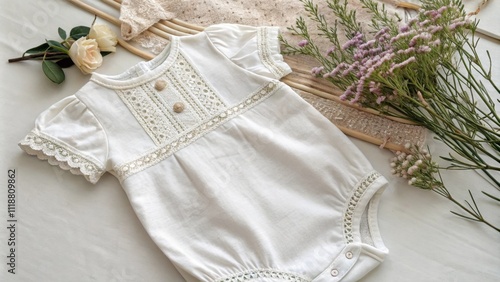 White babygrow with lace details and wooden buttons is displayed on a white sheet next to pink statice flowers and macrame decoration, creating a delicate and elegant scene for a newborn