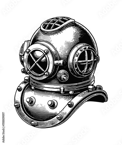 retro deep sea helmet dive engraving black and white outline