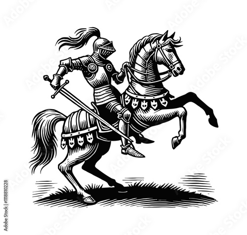 medieval knight on a rearing horse engraving black and white outline