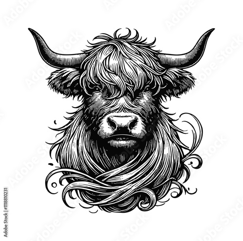Highland cow engraving black and white outline