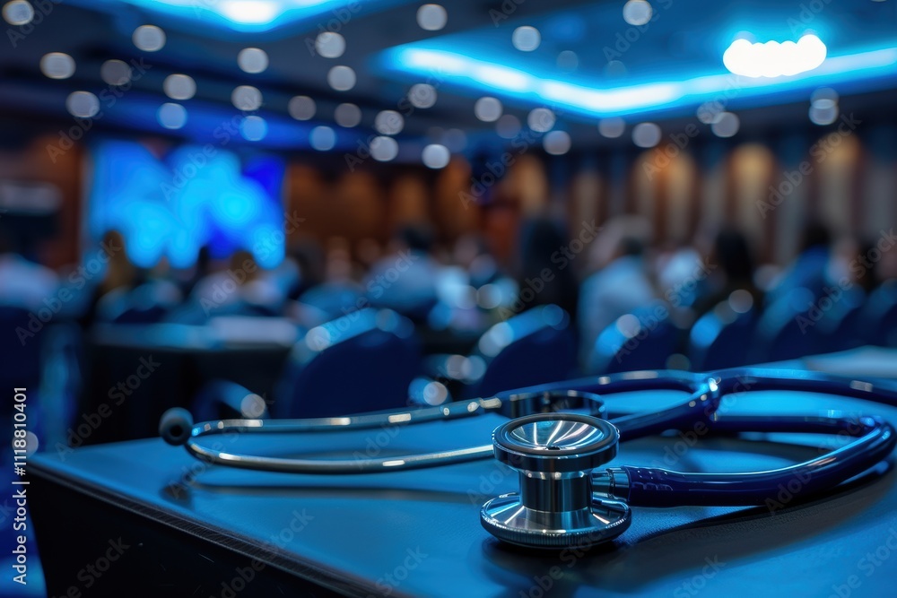 Close-Up of a Stethoscope Resting on a Table During a Medical Conference in a Dimly Lit Auditorium Filled with Attentive Attendees Focusing on a Presentation