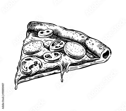 pizza slice engraving black and white outline