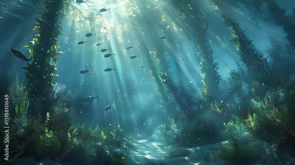 A breathtaking high-definition image of an expansive underwater kelp forest, featuring tall kelp plants swaying with the current, creating a lush, vibrant marine ecosystem filled with diverse marine l A breathtaking high-definition image of an expansive underwater kelp forest, featuring tall kelp plants swaying with the current, creating a lush, vibrant marine ecosystem filled with diverse marine l