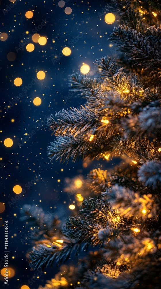 Glowing Christmas tree with golden bokeh lights on dark blue background Glowing Christmas tree with golden bokeh lights on dark blue background
