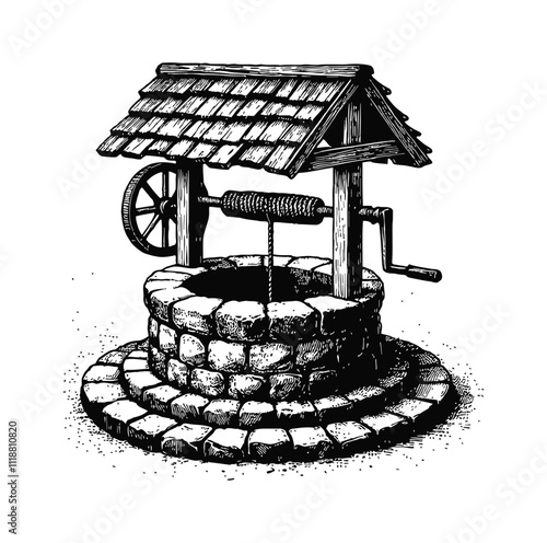 stone water well engraving black and white outline
