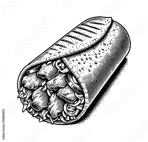 shawarma doner kebab engraving black and white outline