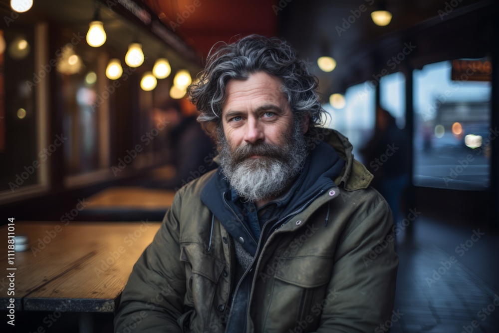 Portrait of a handsome bearded man with long gray hair and beard wearing a green jacket in a pub Portrait of a handsome bearded man with long gray hair and beard wearing a green jacket in a pub