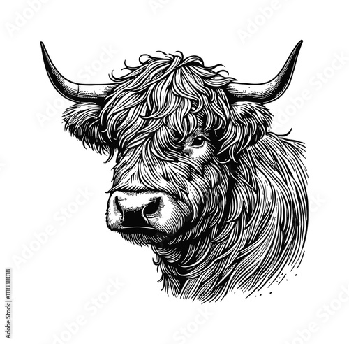 Highland cow engraving black and white outline