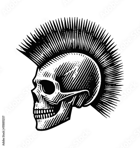 skull mohawk punk engraving black and white outline