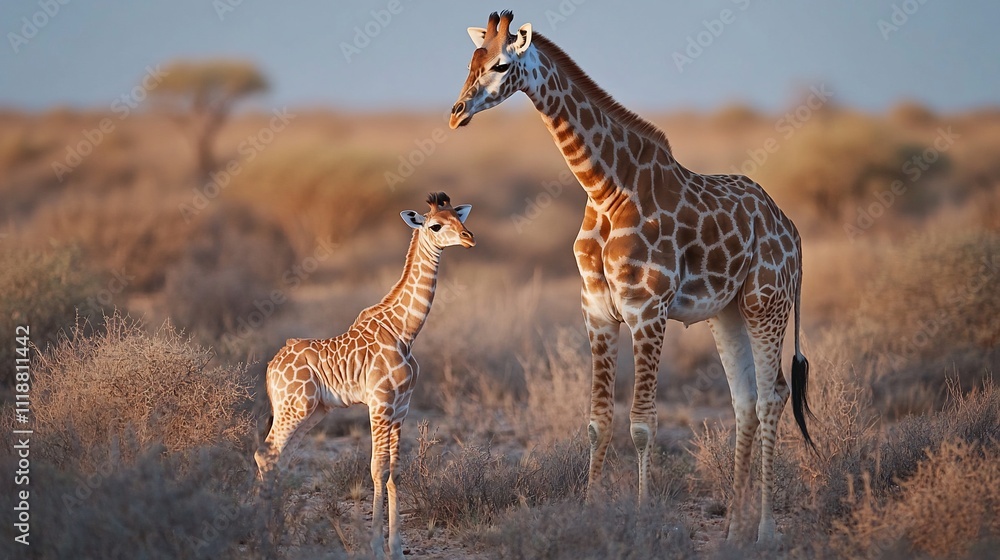 Obraz premium Mother giraffe and calf in African savanna at sunset.