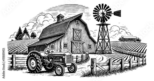 rural farm scene. The image features a rustic barn with a pitched roof engraving black and white outline