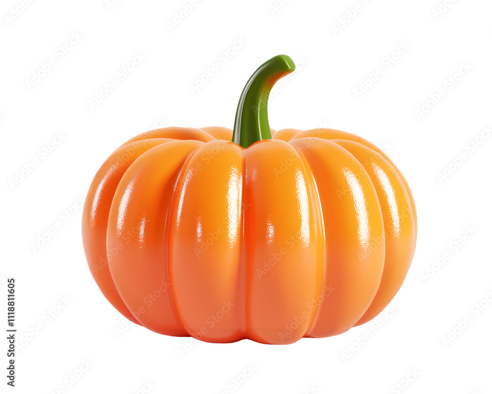 A shiny, stylized orange pumpkin with a green stem, perfect for autumn themes isolated on a white background, png transparent A shiny, stylized orange pumpkin with a green stem, perfect for autumn themes isolated on a white background, png transparent