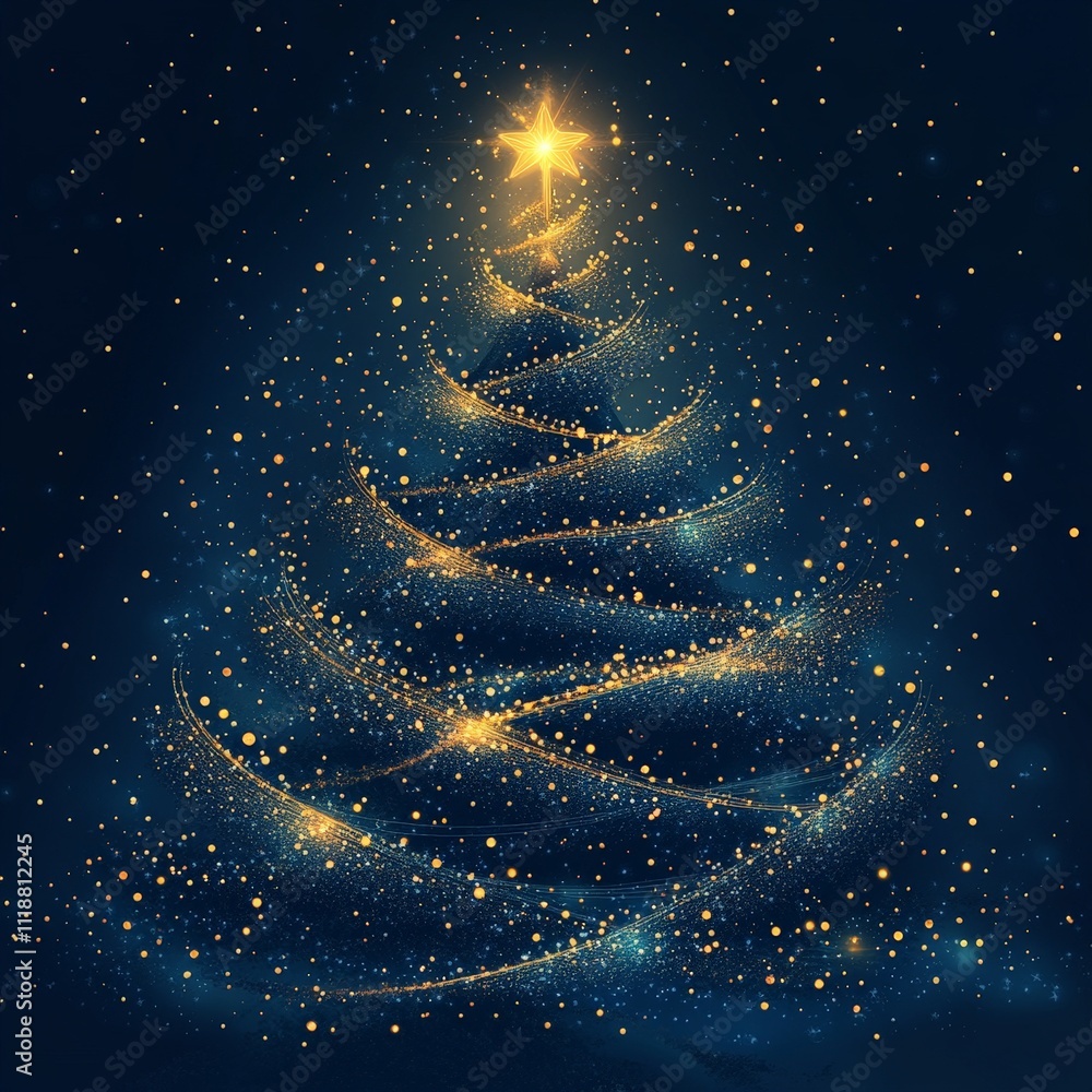 Glowing Christmas tree with golden bokeh lights on dark blue background Glowing Christmas tree with golden bokeh lights on dark blue background