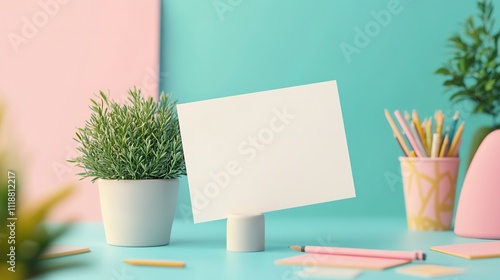 Blank card on stand with potted plant and office supplies on desk. photo