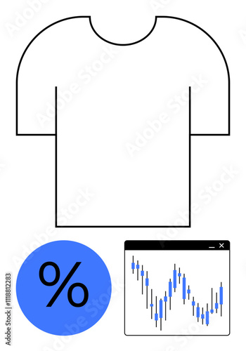 White T-shirt, blue percentage sign, stock market graph screen. Ideal for e-commerce, retail analytics, marketing campaigns, financial services, economic trends merchandising trade analysis. Line