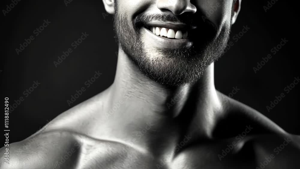 Smiling man with beard showcasing confidence and charisma in a dramatic black and white portrait Smiling man with beard showcasing confidence and charisma in a dramatic black and white portrait