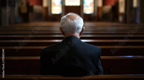 Rear view of man sitting church, peaceful alone solitude contemplation peace, serene quiet silence devotion spirituality, sacred thoughtful pensive, religious spiritual faithful, copy space.