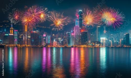 New Year's fireworks in a cyberpunk cityscape, vibrant explosions reflecting off sleek skyscrapers,