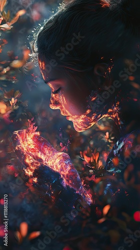 Fiery figure cradles glowing embers amidst plants.