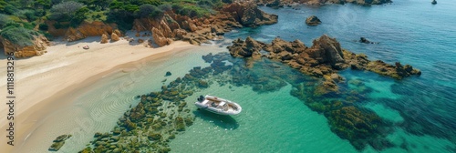 Aerial View of Idyllic Turquoise Waters and Sandy Beach with Rocky Outcrops and a Small Boat Anchored Near the Shoreline Creating a Picturesque Scene