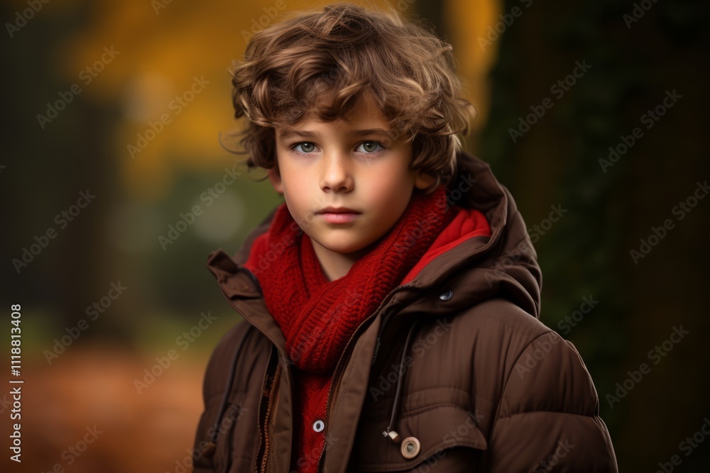 Little boy with curly hair in a warm jacket and red scarf on a background of autumn forest. Little boy with curly hair in a warm jacket and red scarf on a background of autumn forest.