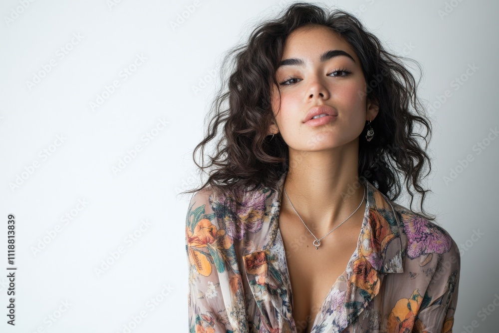 Elegant Portrait of a Young Woman with Curly Hair in Floral Blouse Elegant Portrait of a Young Woman with Curly Hair in Floral Blouse