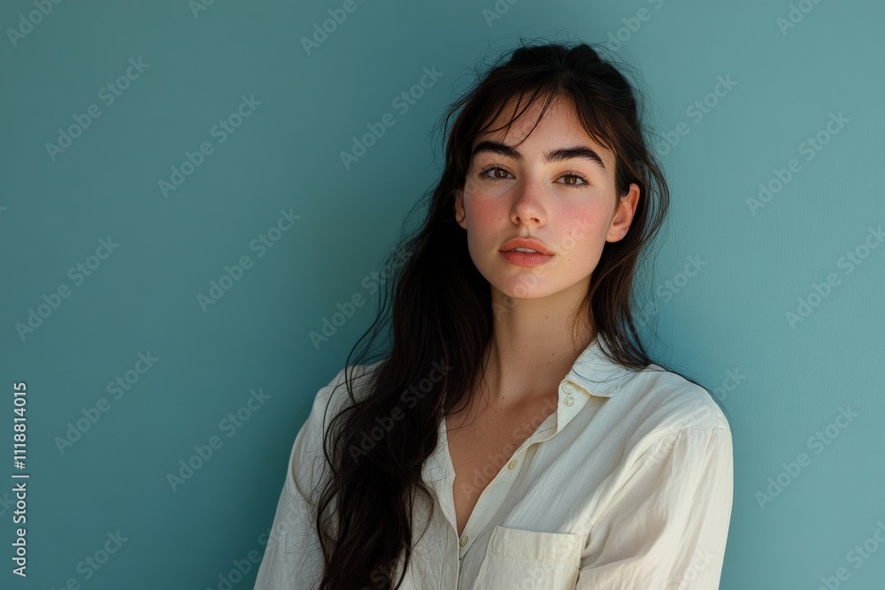 Portrait of a Young Woman with Long Hair Against a Soft Blue Background Portrait of a Young Woman with Long Hair Against a Soft Blue Background