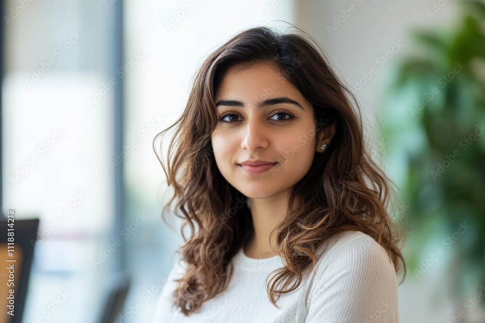 Portrait of a Confident Young Woman with Curly Hair in a Modern Workspace Portrait of a Confident Young Woman with Curly Hair in a Modern Workspace
