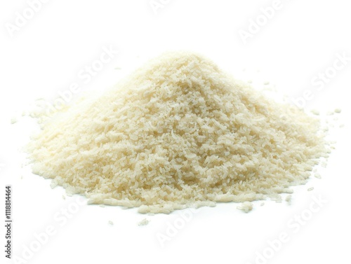 A close-up image of a pile of fine, white all purpose flour that is commonly used in baking and cooking. photo