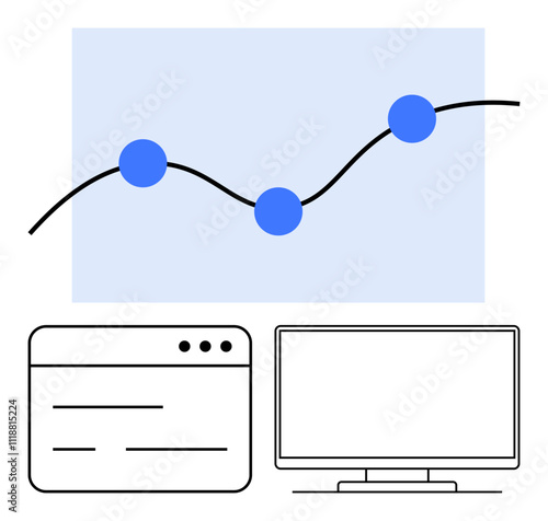 Computer monitor, browser interface, line graph with blue points against light blue background. Ideal for data analysis, web development, analytics, online research, digital marketing, financial