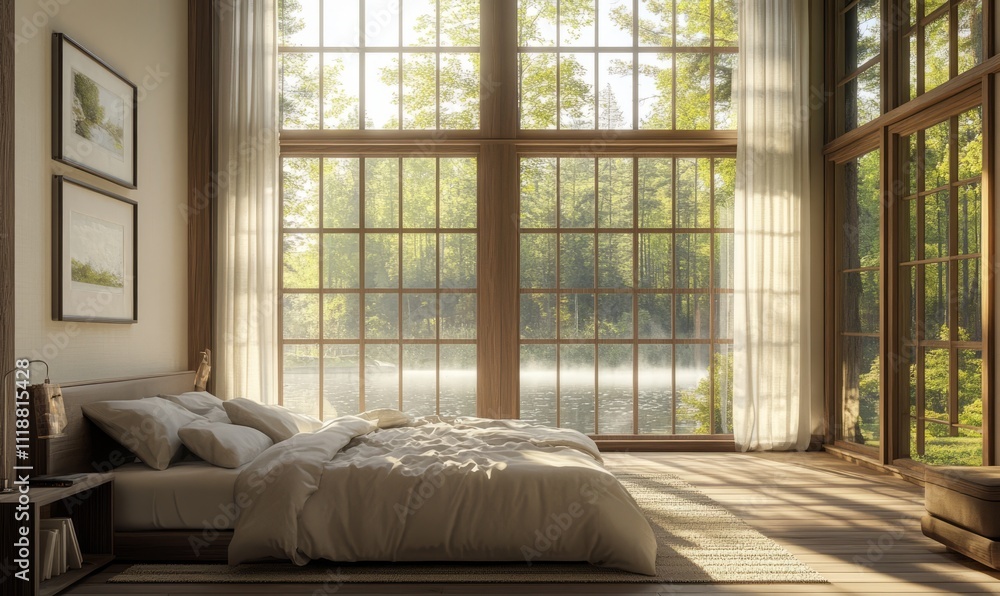 Fototapeta premium Modern Minimalist Bedroom with Large Windows and Natural Light