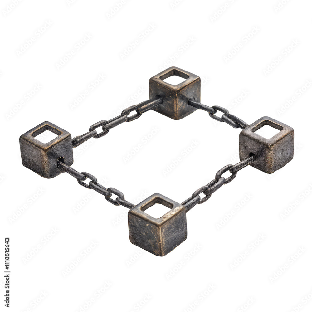 Unique Metal Four-Square Chain Link Weight Used for Various Lifting Exercises in a Gym or Fitness Center Setting Unique Metal Four-Square Chain Link Weight Used for Various Lifting Exercises in a Gym or Fitness Center Setting