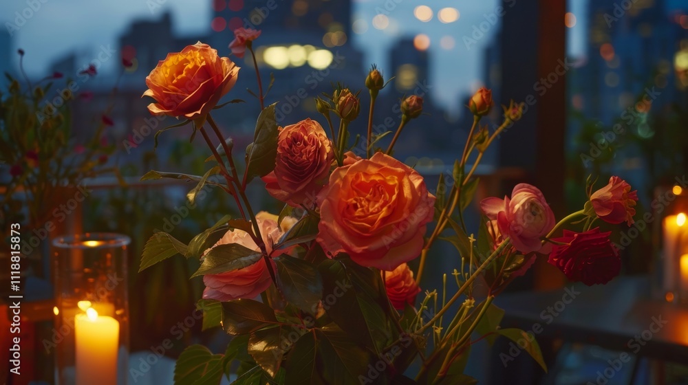 Obraz premium The dimly lit rooftop provides a peaceful escape from the bustling city below allowing students to fully immerse themselves in the floral arranging experience. 2d flat cartoon.