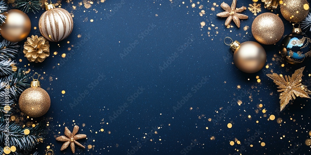 Elegant Christmas decor with gold ornaments on blue Elegant Christmas decor with gold ornaments on blue