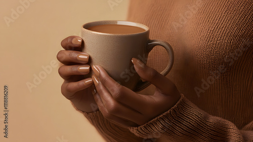 Cozy Warmth of Mocha Mousse Color - Comforting Brown Coffee Cup in Hands