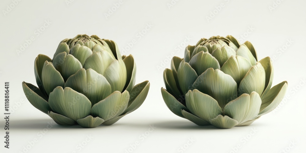 Obraz premium Gourmet food. Two artichokes on a pristine white background. High-quality image.