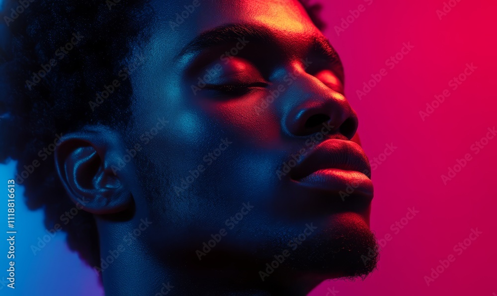 Serene male portrait in vibrant neon lights. Serene male portrait in vibrant neon lights.