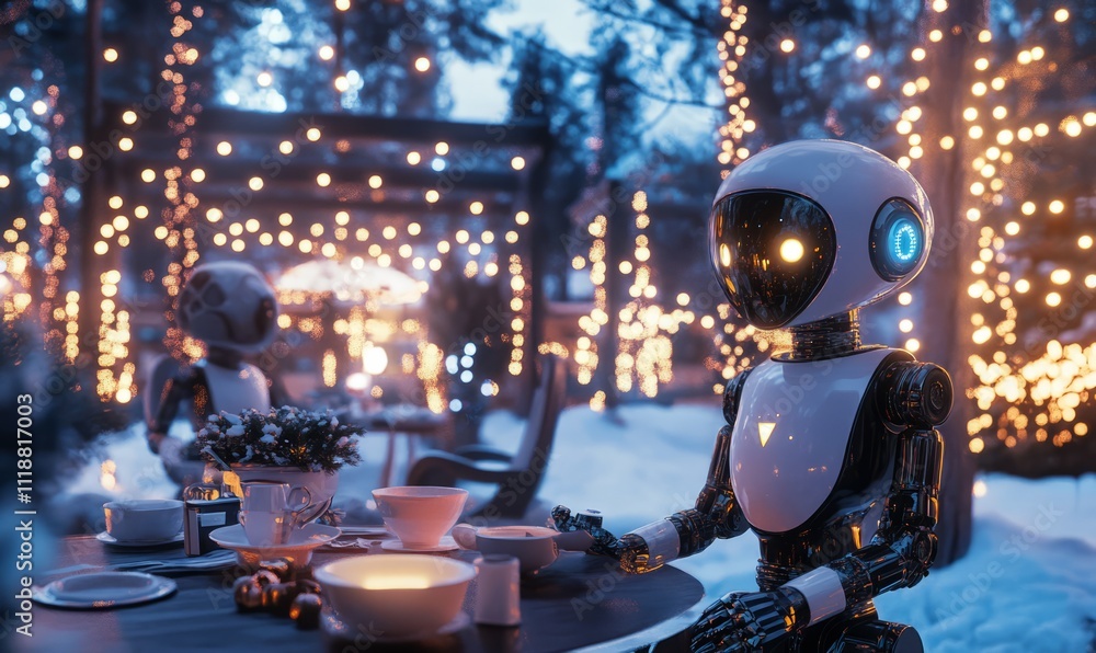 Robots hosting a glowing modern holiday tea party in a snowy cyberpunk park with LED-lit decor, Robots hosting a glowing modern holiday tea party in a snowy cyberpunk park with LED-lit decor,