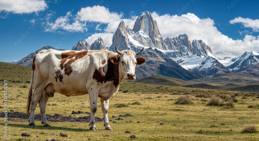 dairy cow in field with mountains in background dairy cow in field with mountains in background